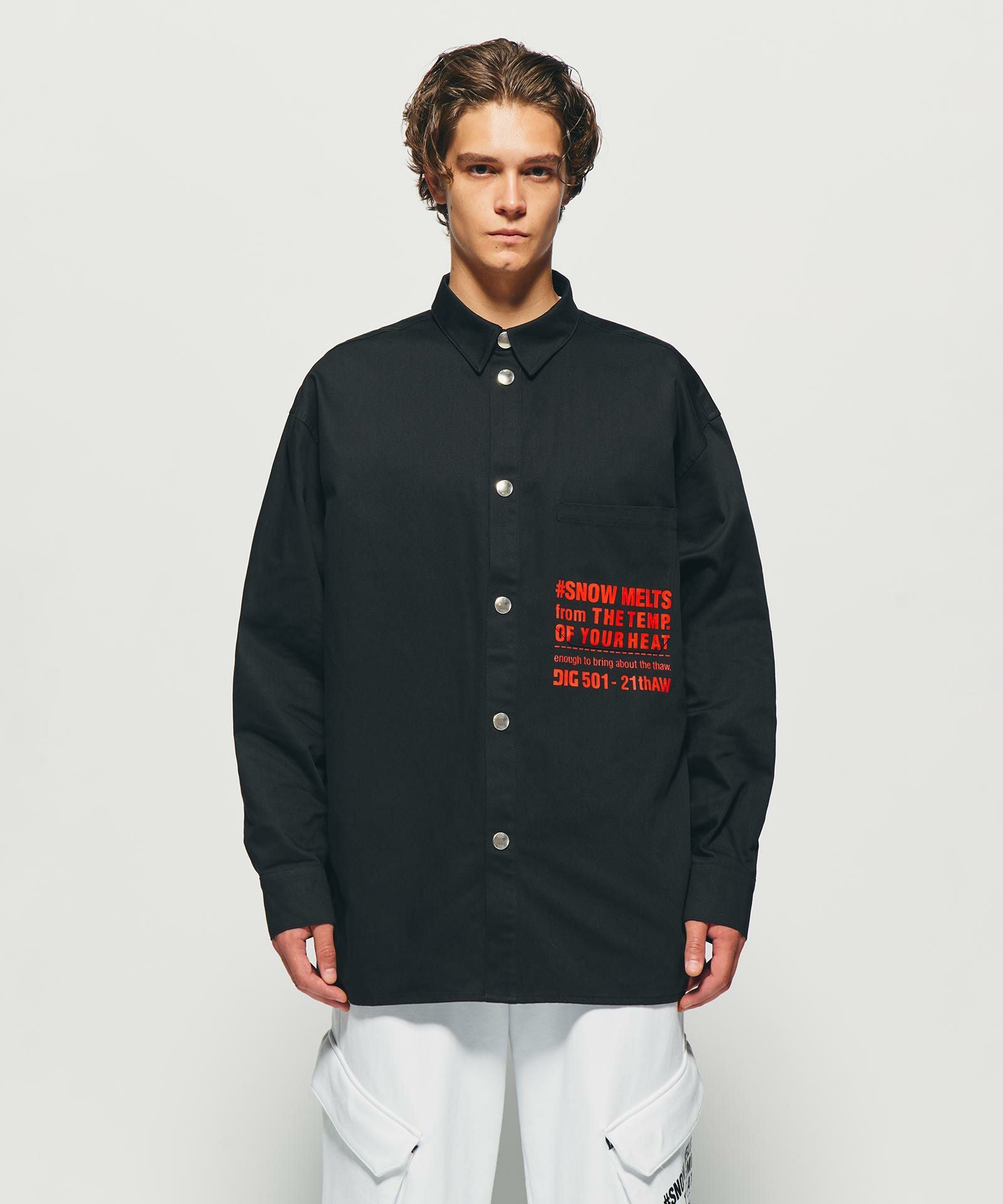 THERMAL BORDER PRINTED OVERSIZED DENIM SHIRT｛LS-02｝【[01]BLACK